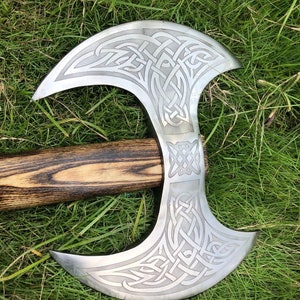 Medieval Warrior Double Headed Battle Axe With Leather Sheath, Labrys, Handmade Carbon Steel Two Sided Axe, Medieval Double Axe, Custom axe image 5