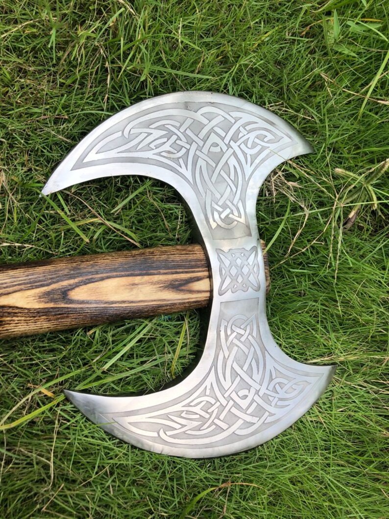 Medieval Warrior Double Headed Battle Axe With Leather Sheath, Labrys, Handmade Carbon Steel Two Sided Axe, Medieval Double Axe, Custom axe image 5