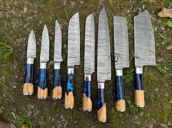 Hand Forged Damascus Steel Professional Chef Knives Set of 8, Kitchen Knife  With Leather Bag Roll, Olive Wood Cooking Knives, Groomsman Gift 