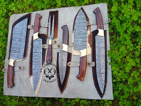 Hand Forged Butcher Knife Set With Leather Sheath