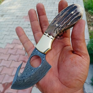Handcrafted Damascus Steel Deer Gutting Knife with Antler Grip
