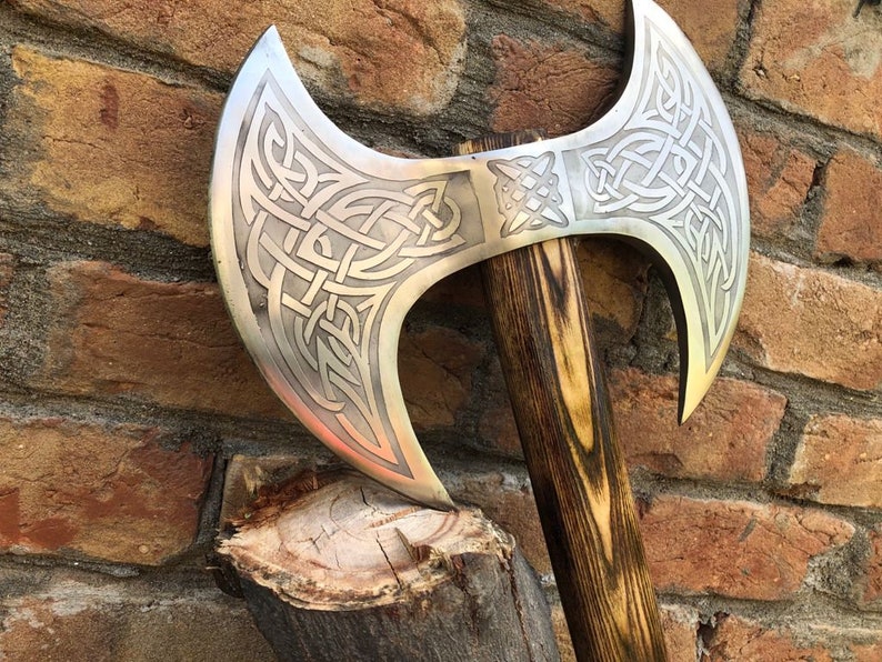 Medieval Warrior Double Headed Battle Axe With Leather Sheath, Labrys, Handmade Carbon Steel Two Sided Axe, Medieval Double Axe, Custom axe image 6