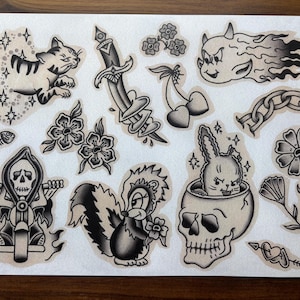 Feuille de tatouage flash A4 noire et grise | Impression de tatouage traditionnel | Inspiré de Sailor Jerry