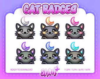6 Halloween Black Cat and Moon Witch Cute Kawaii Twitch Kick Sub / Bits Badge , Cat Noir Lune Mignon