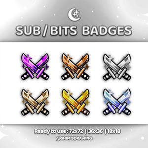 Può includere: Grafica digitale con sei spade incrociate in vari colori: viola, bronzo, argento, oro, giallo e blu. Il testo "SUB / BITS BADGES" è in alto. L'immagine è pronta per l'uso nelle dimensioni 72x72, 36x36 e 18x18.