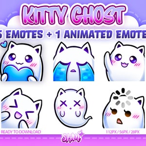 May include: Set of six animated Twitch emotes featuring a white ghost kitty with different expressions, including a heart, crying, waving, laughing, dead, and loading. The emotes are in various sizes, 112px, 56px, and 28px.