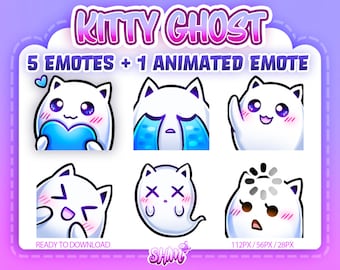 May include: Set of six animated Twitch emotes featuring a white ghost kitty with different expressions, including a heart, crying, waving, laughing, dead, and loading. The emotes are in various sizes, 112px, 56px, and 28px.