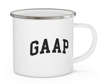 May include: White enamel camping mug with a silver rim and the word "GAAP" printed in black.