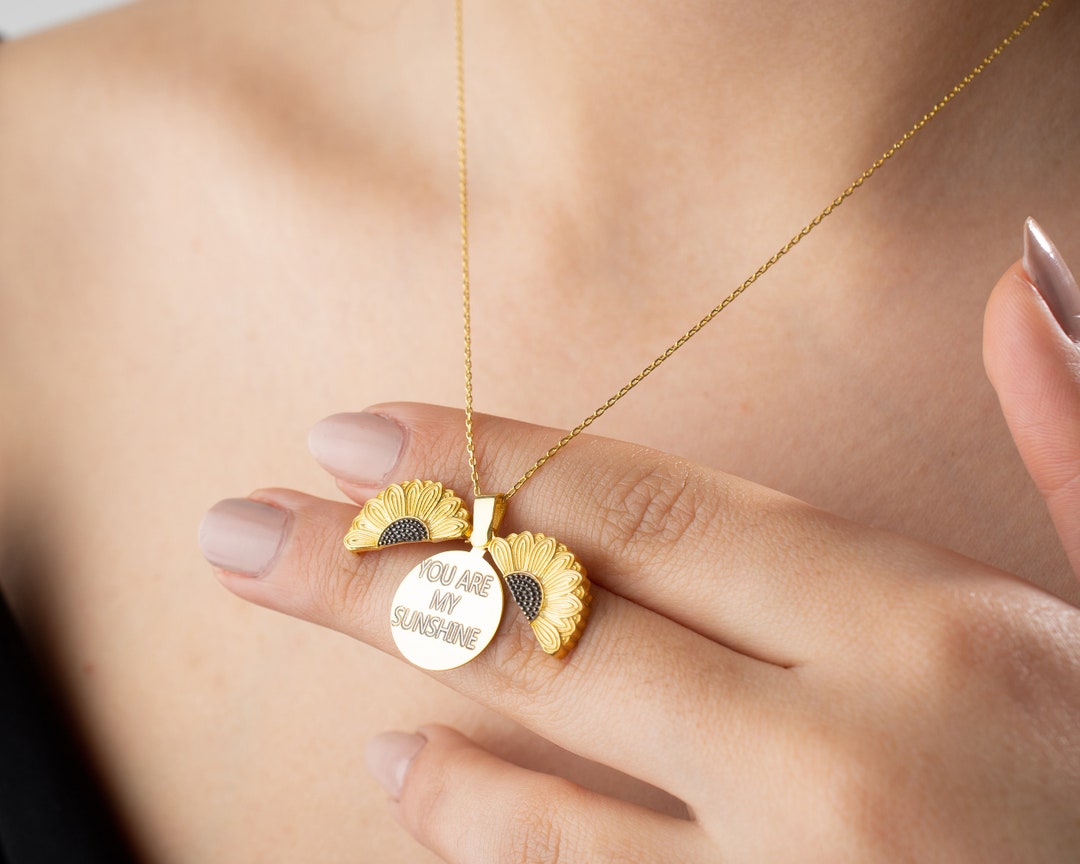 Personalized Sunflower Necklace, Custom Hidden Heart Necklace
