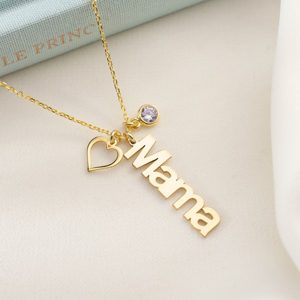 Birthstone Heart Mama Necklace, Silver Personalised Mama Necklace, Birthstone Heart Necklace