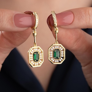 Green Gemstone Huggie Earrings Vintage Inspired Statement Jewelry Anniversary Present Women