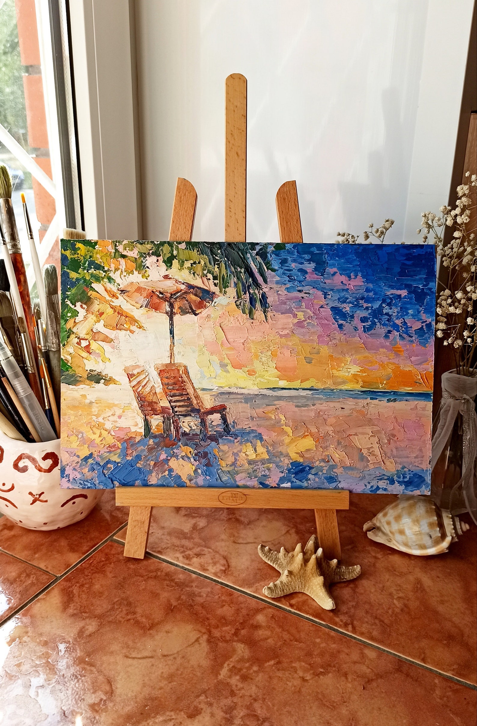 Beach Chair Painting Palm Trees Original Art Miami Artwork Etsy