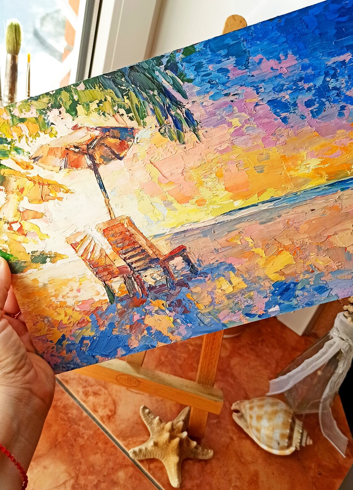 Beach Chair Painting Palm Trees Original Art Miami Artwork Etsy