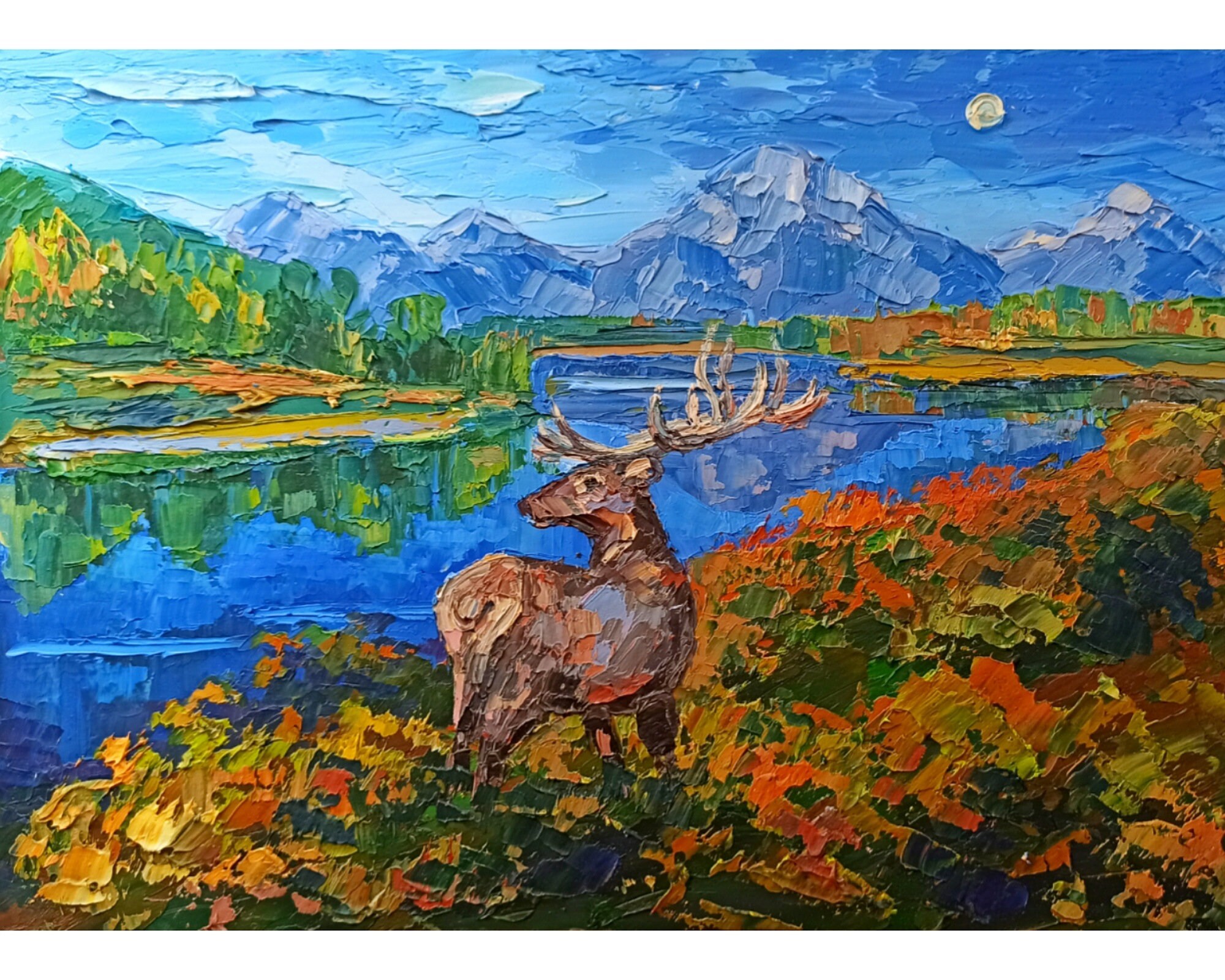 Deer Painting Yellowstone Original Art Mountain River Artwork Etsy