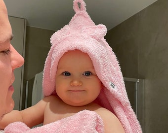 Hooded baby teddy towel - pink newborn towel with ears - baby shower gift frotte towel with ears