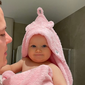 Hooded baby teddy towel - pink newborn towel with ears - baby shower gift frotte towel with ears