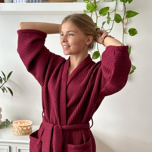 Cotton Robe for Women, Waffle Spa Robe, Perfect Moms Day Gift,Robe For Bestie, Charming Handmade Bathrobe in Cherry Red Color,Plus Size Robe