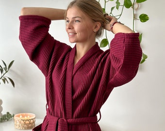 Cotton Robe for Women, Waffle Spa Robe, Perfect Moms Day Gift,Robe For Bestie, Charming Handmade Bathrobe in Cherry Red Color,Plus Size Robe