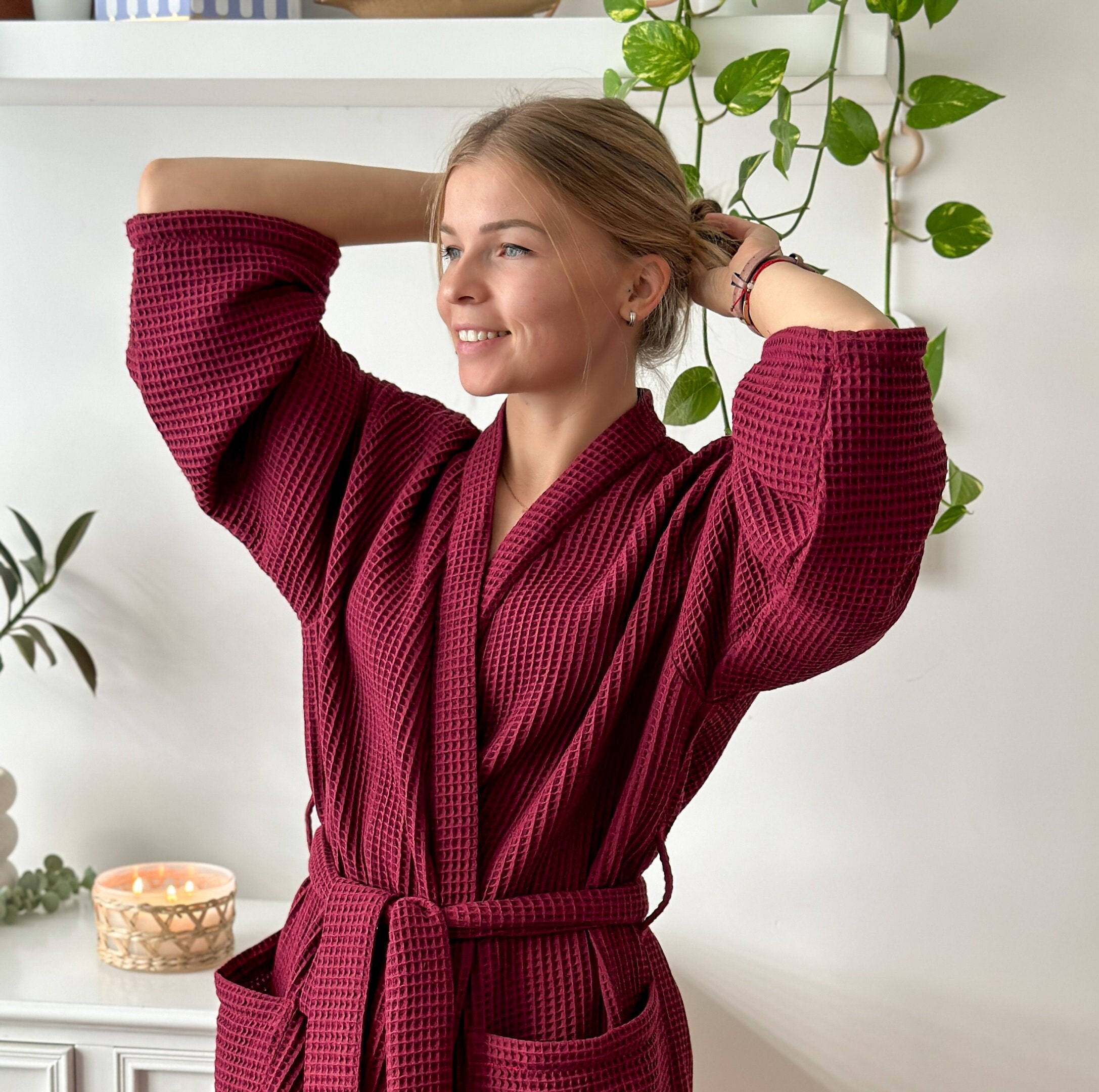 Peignoir de spa pour femme peignoir de spa gaufre cadeau parfait pour la fete des mamans peignoir pour meilleure amie charmant peignoir fait main de couleur rouge cerise peignoir grande taille