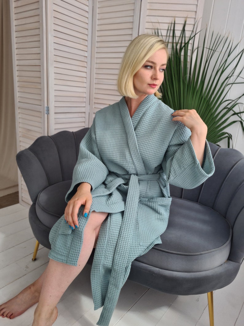Elegant Waffle Robe for Woman, Sauna Cotton Robe, Casual Kimono ...