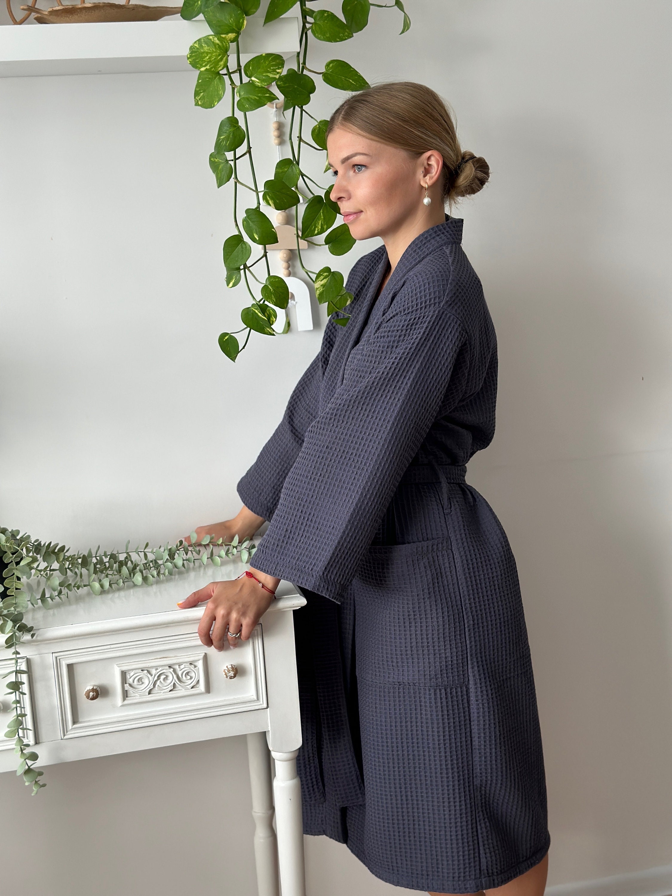 Dark Grey Robe Cotton Robe for a Women in Dark Gray Color, Handmade Waffle Bathrobe ...
