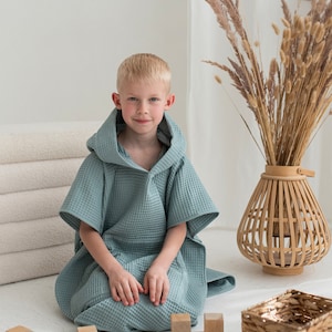 Kinder Kapuzen Strand Poncho: Waffel Baumwolle Cover-Up - Altes Grün