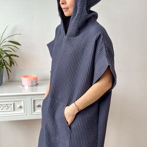Men and Women waffle cotton hooded poncho, cozy universal handmade poncho, quick-drying, absorbing adult Poncho, surfing poncho in dark grey image 5