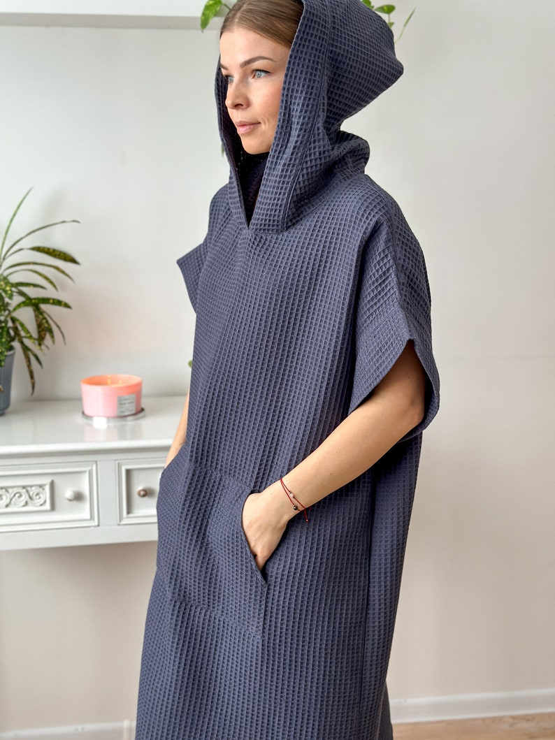 Men and Women waffle cotton hooded poncho, cozy universal handmade poncho, quick-drying, absorbing adult Poncho, surfing poncho in dark grey image 5