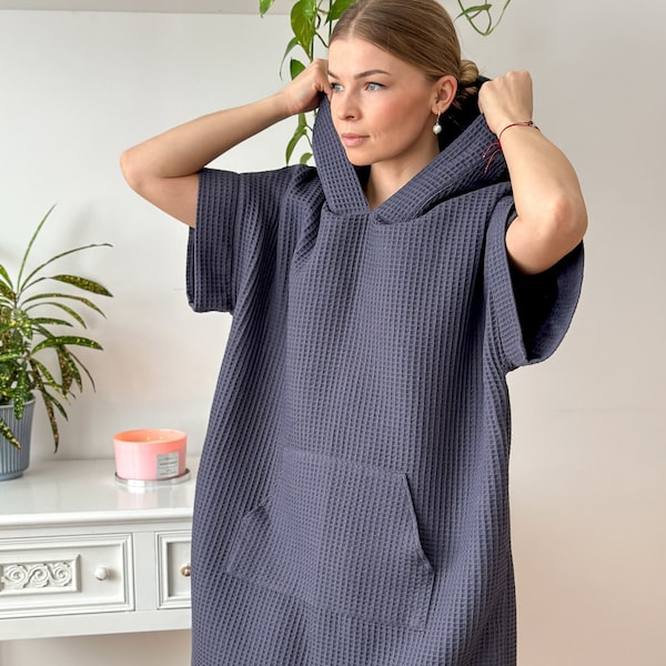 Unisex beach poncho,swimming handmade poncho, oversize summer robe, absorbing adult Poncho, surfing poncho in dark gray,hooded cotton poncho