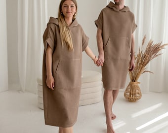 Set of two unisex beach ponchos, ponchos for couple,cotton waffle universal handmade ponchos,surfing ponchos,summer ponchos in brown color