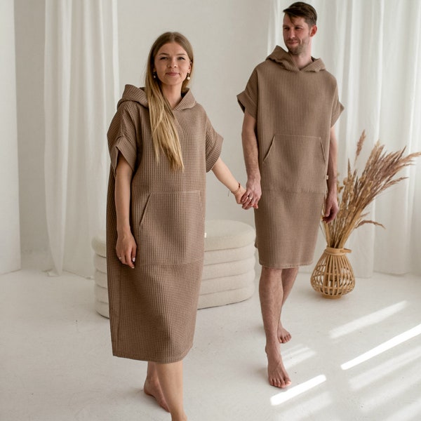 Set of two unisex beach ponchos, ponchos for couple,cotton waffle universal handmade ponchos,surfing ponchos,summer ponchos in brown color