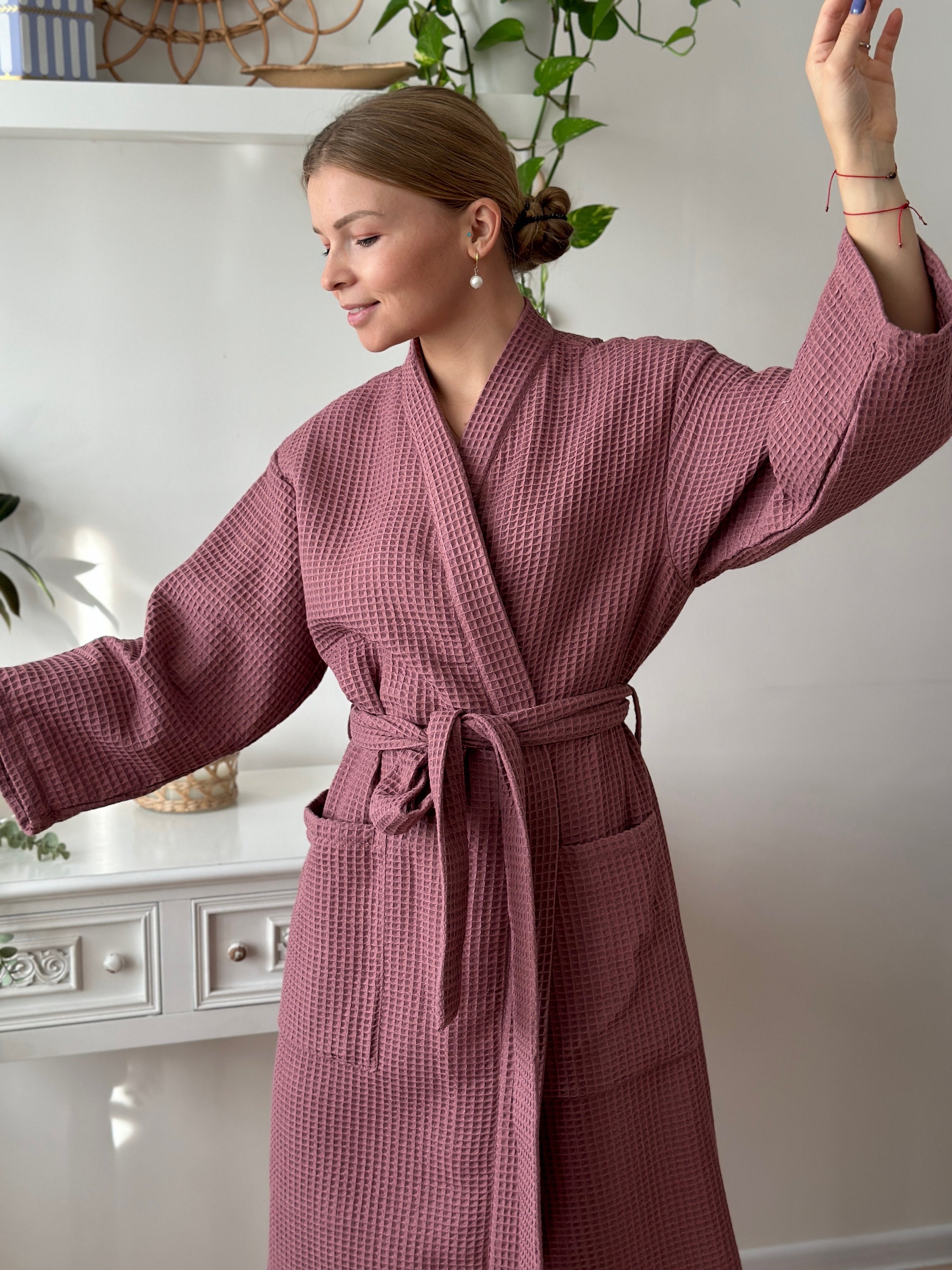 Vestaglia Donna Cotone Accappatoio Puro Cotone Nido D'ape Tinta