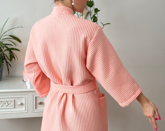 Bathrobe for a women in peach color,handmade summer bathrobe, cosy and elegant robe for everyday spa rituals, 100% cotton everyday robe