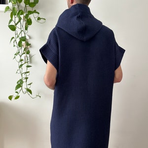 Waffle cotton unisex poncho, handmade oversize poncho, big size poncho for adults, dark blue color poncho, womens beach poncho image 9