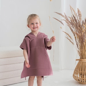 Kinder Waffel Baumwolle Kapuzen Strand Poncho - Dark Old Pink