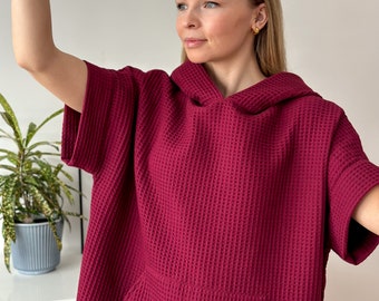 Woman bathing poncho, cotton cozy universal handmade poncho, quick drying, absorbing adult Poncho, surfing poncho in cherry red color