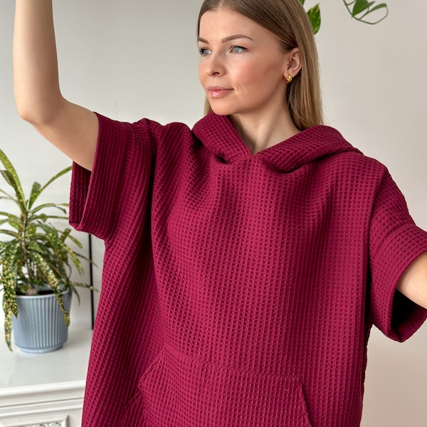 Woman bathing poncho, cotton cozy universal handmade poncho, quick drying, absorbing adult Poncho, surfing poncho in cherry red color