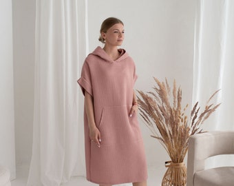 Women summer poncho, cozy universal handmade poncho, quickdrying adult poncho made from 100% cotton, surfing poncho in dusty pink.