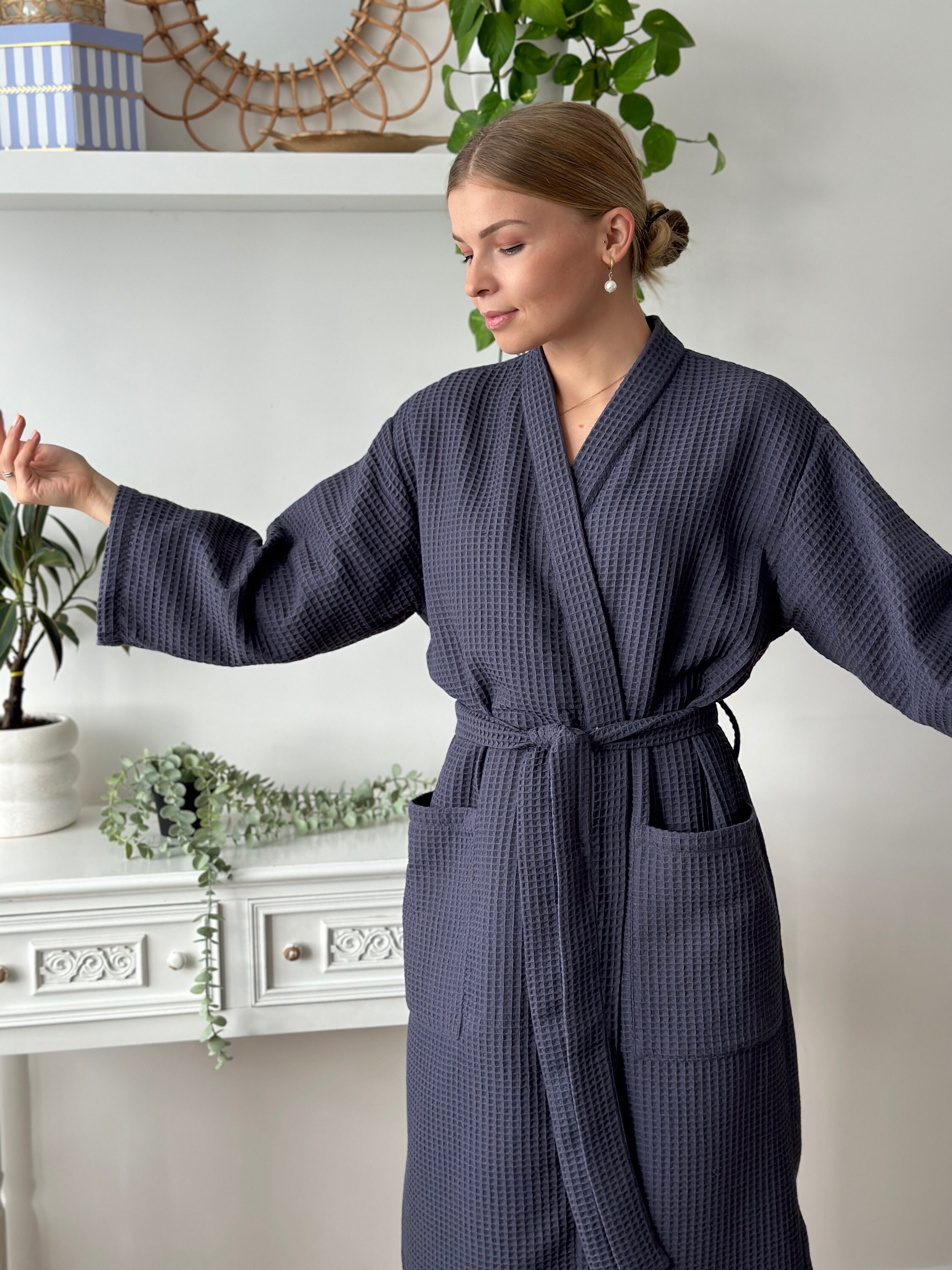 Dark Grey Robe Cotton Robe for a Women in Dark Gray Color, Handmade Waffle Bathrobe ...