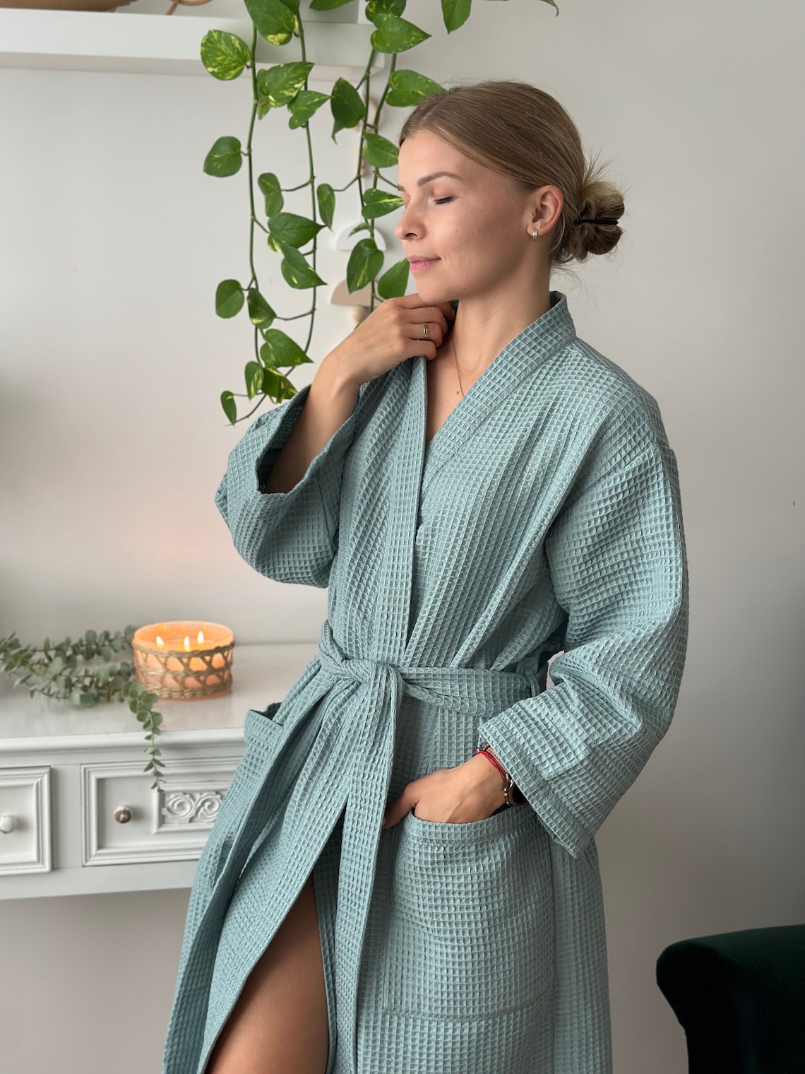Gere Robe Handmade Sage Green Cotton Waffle Robe, Kimono Spa Bathrobe - Etsy