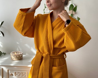 Waffle bathrobe in amber color/ Comfy, elegant robe for women /  cotton bathrobe/ Luxury gifts for Mothers day, Girlfriends, Wife, Mom