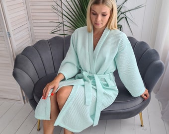 Woman’s Long Waffle Robe Casual Cotton Kimono Waffle Bathrobe Soft Lightweight Knee Length Sleepwear for Adults