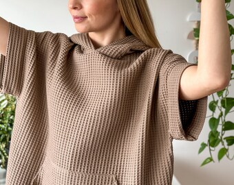 Unisex beach poncho, cotton waffle cozy universal handmade poncho, oversize adult Poncho, surfing poncho,summer poncho in brown color
