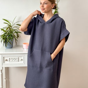 Men and Women waffle cotton hooded poncho, cozy universal handmade poncho, quick-drying, absorbing adult Poncho, surfing poncho in dark grey image 9