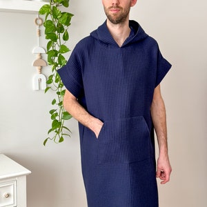 Unisex hooded poncho, cozy universal handmade poncho, quick-drying, absorbing adult Poncho, surfing poncho in dark blue color image 9