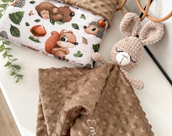 Personalizated unisex Baby Gift Box/forest animal handmade blanket and soft bunny sleepy toy/useful summer gift for baby/practical present