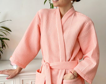 Bathrobe for woman in peach color,handmade summer bathrobe for bestie, cosy and elegant robe for everyday spa at home,cotton everyday robe