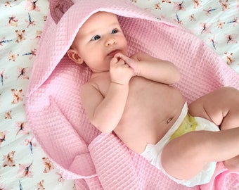 Toalla de algodón para bebé/Toalla de baño/Regalo para bebé recién nacido/Toalla para bebé con orejas de peluche/Toalla absorbente/Toalla de baño para bebé/Regalo de baby shower