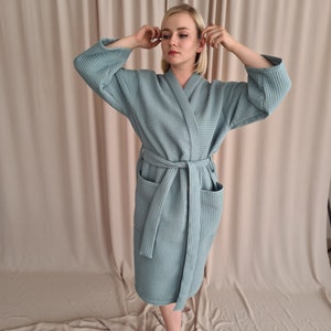 Elegant Waffle Robe for Woman, Sauna Cotton Robe, Casual Kimono ...