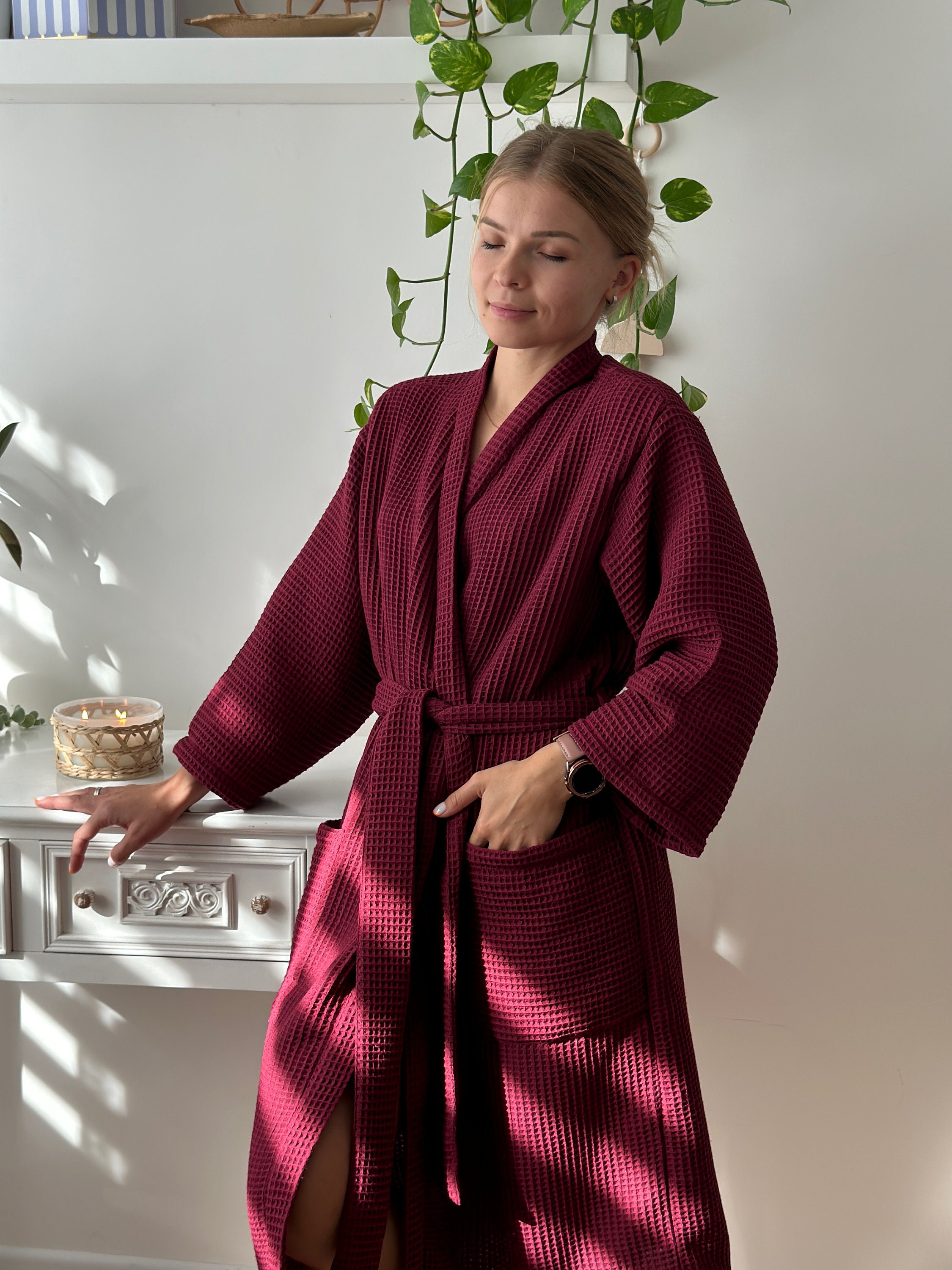 Waffle Robe for Women Waffle Bathrobe Gift Elegant Women Robe for Her Waffle Cotton Robe Waffle ...